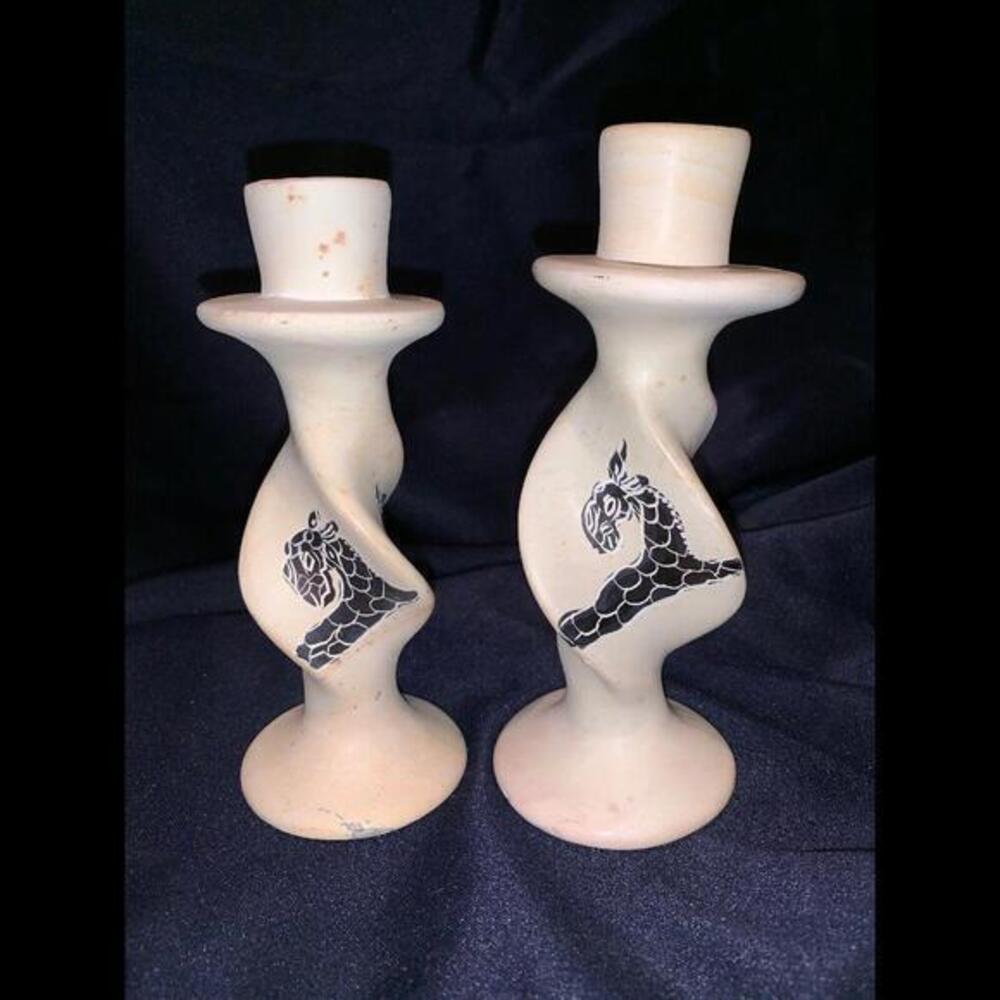 African Carved Stone Candleholders with Hand Painted Giraffes 6.25” & 5.75”